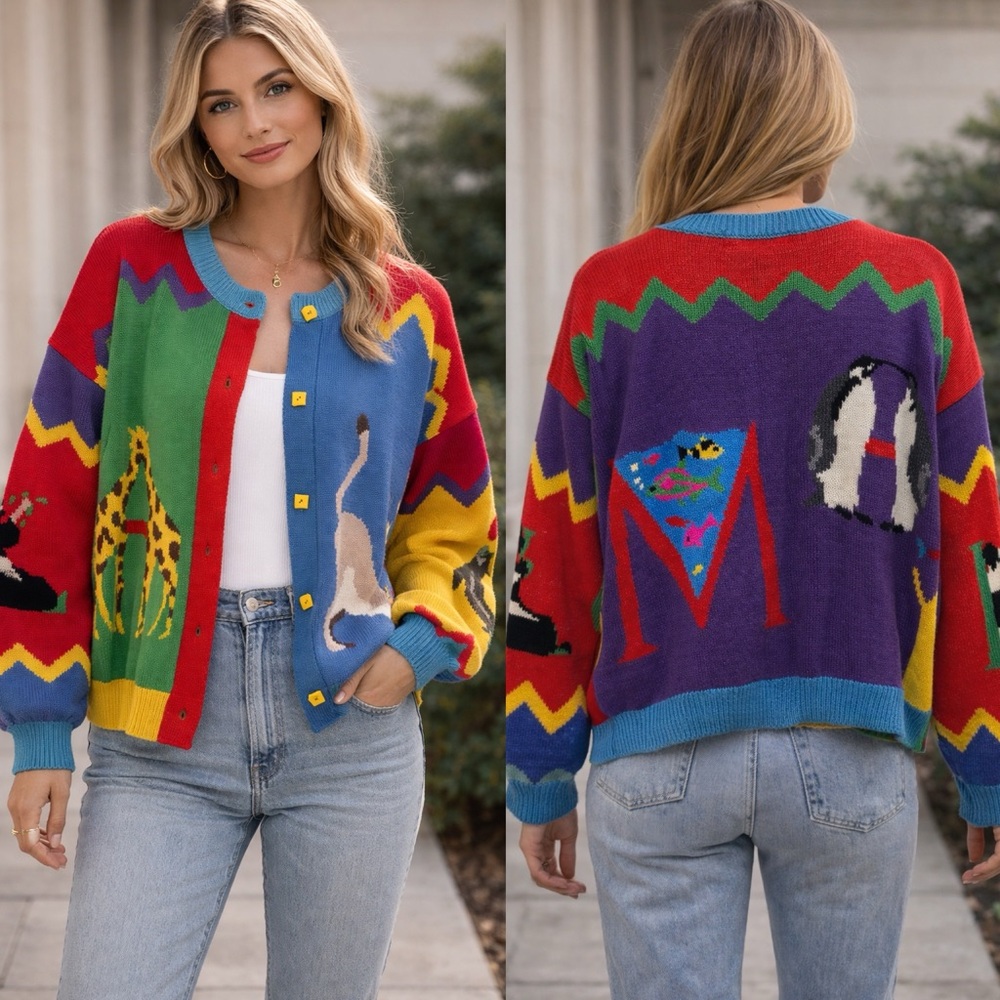 Vintage Christine Foley Cardigan Girraffe Panda Bear Seal Animal Size  3